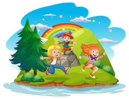 Téléchargez les illustrations : Enfants jouant dans la nature illustration de fond - en licence libre de droit