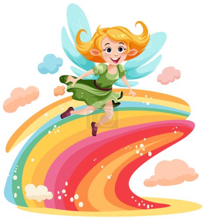 Illustration for Cute fantasy fairy cartoon character with colourful rainbow illustration - Royalty Free Image