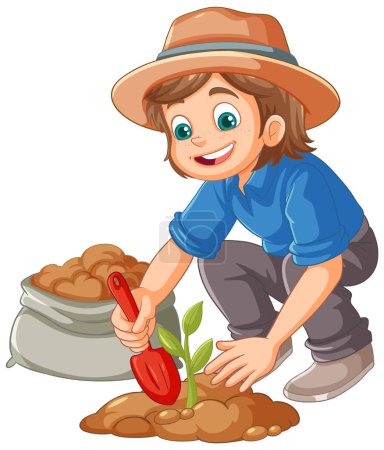 Téléchargez les illustrations : Fermier plantant une petite plante sur le sol illustration isolée - en licence libre de droit