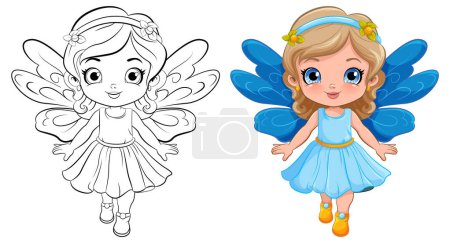 Fairy Girl in Beautiful Dress Outline for Colouring illustration