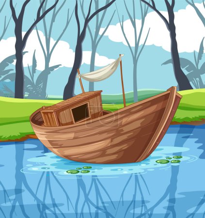 Téléchargez les illustrations : Bateau en bois dans l'étang Illustration de scène - en licence libre de droit