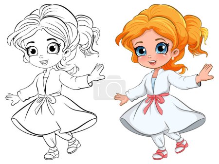 Illustration for Cute Girl in Beautiful Dress Outline for Colouring illustration - Royalty Free Image