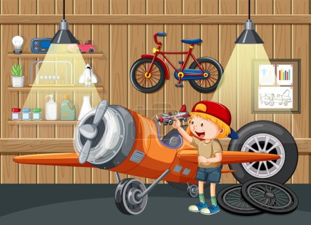 Illustration for A plame parking at hangar with kid around illustration - Royalty Free Image