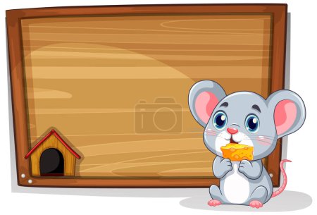 Ilustración de Bonita rata sosteniendo queso con ilustración de pancarta de madera - Imagen libre de derechos