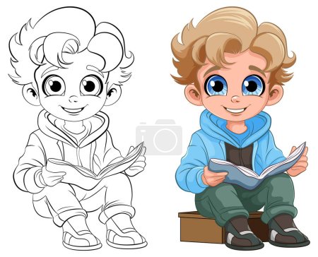 Illustration for Boy sitting and reading the book  and its outline illustration - Royalty Free Image