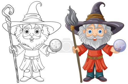 Téléchargez les illustrations : Vieux sorcier portant un chapeau avec une longue barbe page à colorier pour enfants illustration - en licence libre de droit