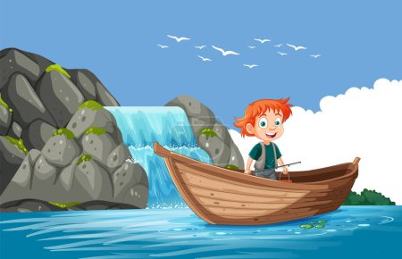Boy fishing in nature with waterfall on background illustration