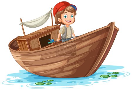 Ilustración de Niño en barco de madera en ilustración de estilo de dibujos animados - Imagen libre de derechos