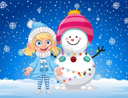 Téléchargez les illustrations : Fille heureuse avec bonhomme de neige et fond de neige illustration - en licence libre de droit