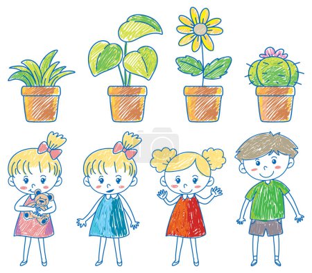 Illustration for Set of children and plant in pot scribble style illustration - Royalty Free Image