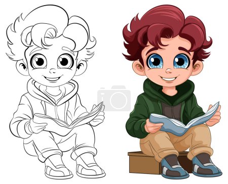 Illustration for Boy sitting and reading the book  and its outline illustration - Royalty Free Image