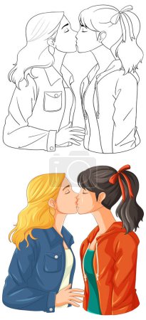 Téléchargez les illustrations : Un couple lesbien embrasse une illustration de contour de doodle - en licence libre de droit
