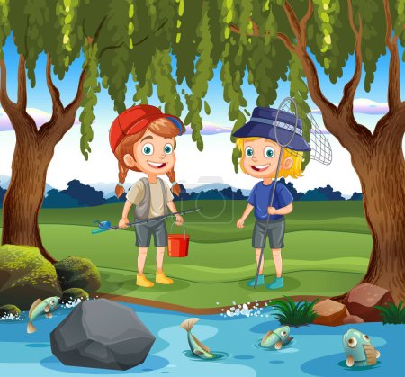 Téléchargez les illustrations : Personnages de bande dessinée pour enfants explorant l'étang dans la forêt Illustration de scène - en licence libre de droit