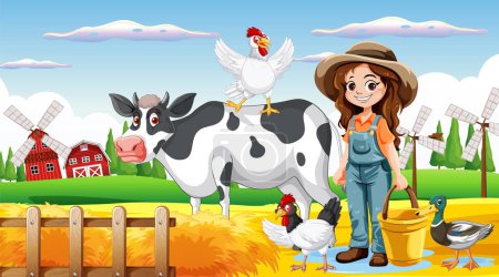 Téléchargez les illustrations : Mignon agriculteur femme dessin animé personnage illustration - en licence libre de droit
