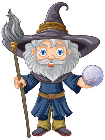 Téléchargez les illustrations : Vieux sorcier portant un chapeau avec une longue barbe tenant bâton illustration - en licence libre de droit