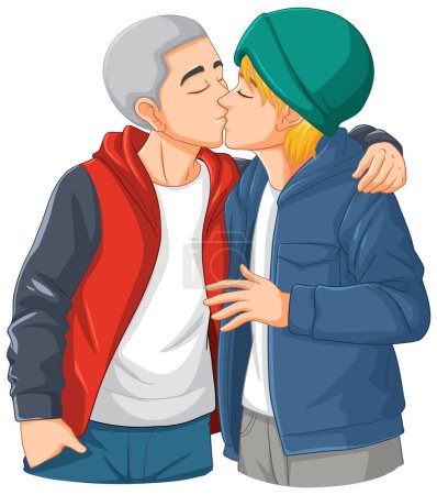 Illustration for Gay couple cartoon kissing illustration - Royalty Free Image