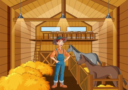 Illustration pour Scène d'intérieur de grange avec illustration de fermier et chevaux - image libre de droit