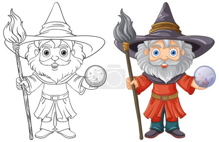 Téléchargez les illustrations : Vieux sorcier portant un chapeau avec une longue barbe page à colorier pour enfants illustration - en licence libre de droit