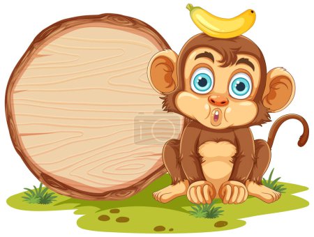 Ilustración de Mono lindo con ilustración de tablero de madera vacía - Imagen libre de derechos