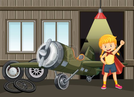 Illustration for A plame parking at hangar with kid around illustration - Royalty Free Image