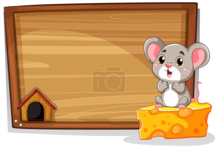 Illustration for Cute rat sitting on cheese wooden board banner illustration - Royalty Free Image