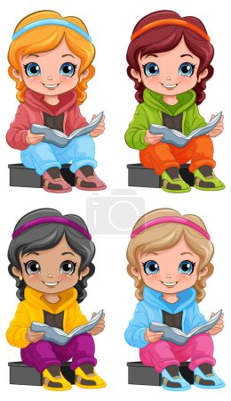 Illustration for Set of girl reading book book illustration - Royalty Free Image