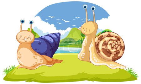 Téléchargez les illustrations : Deux escargots sur herbe dans l'illustration de style dessin animé - en licence libre de droit