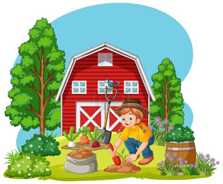 Téléchargez les illustrations : Scène de ferme avec fille plantation de légumes illustration - en licence libre de droit