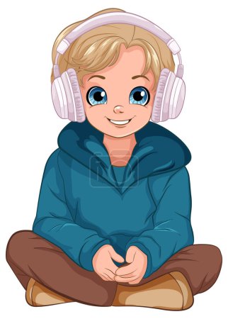 Ilustración de Niño sentado en el suelo escuchando música con ilustración de auriculares - Imagen libre de derechos