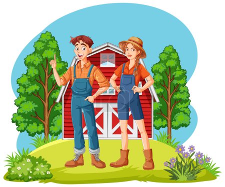 Téléchargez les illustrations : Couple d'agriculteurs à la ferme Illustration de scène - en licence libre de droit
