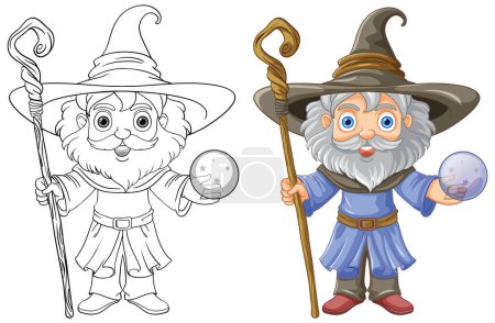 Illustration for Old wizard wearing a hat with a long beard doodle coloring page for children illustration - Royalty Free Image