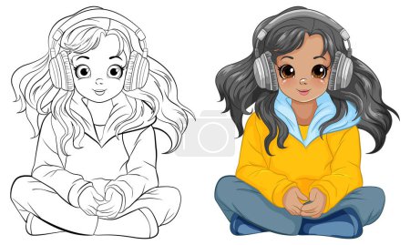 Illustration for Girl sitting on the floor listening to music with headset and doodle outline illustration - Royalty Free Image
