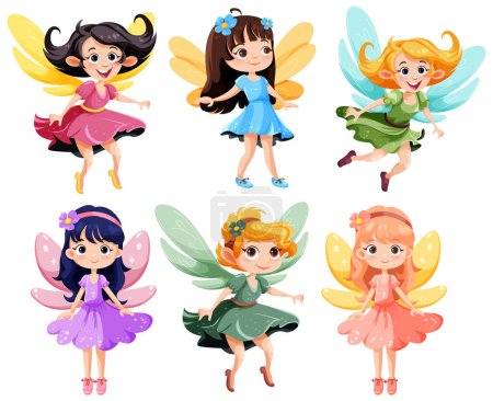 Set of cute fantasy fairies cartoon character illustration