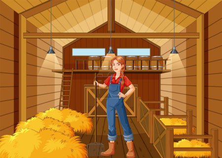 Téléchargez les illustrations : Scène d'intérieur de grange avec illustration de fille agricultrice - en licence libre de droit