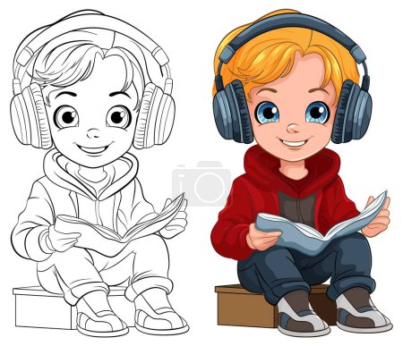 Illustration for Boy reading book wearing headset illustration - Royalty Free Image