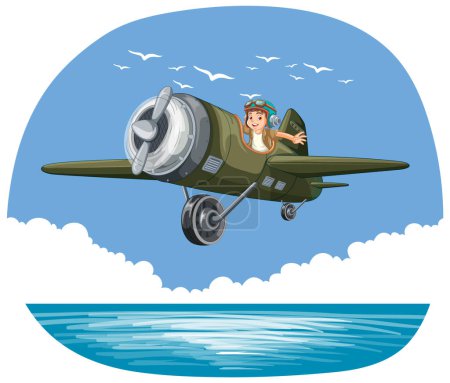 Illustration for Pilot flying plane over the sea illustration - Royalty Free Image