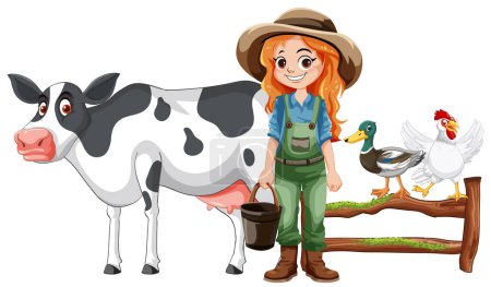 Téléchargez les illustrations : Mignon agriculteur femme dessin animé personnage illustration - en licence libre de droit