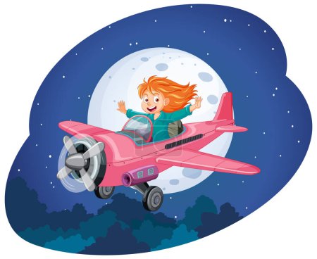 Téléchargez les illustrations : Happy Girl Riding a Plane la nuit illustration - en licence libre de droit