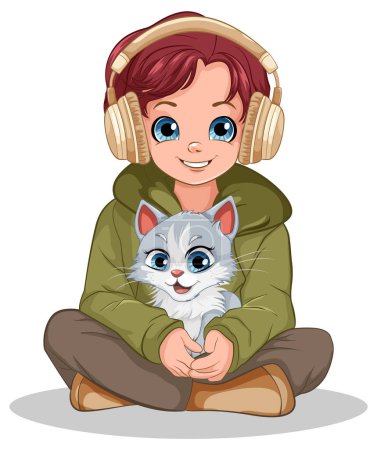 Photo for Boy holding pet sitting on the floor listening to music with headset illustration - Royalty Free Image