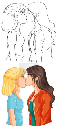Ilustración de Lesbianas pareja dibujos animados besos doodle esquema ilustración - Imagen libre de derechos