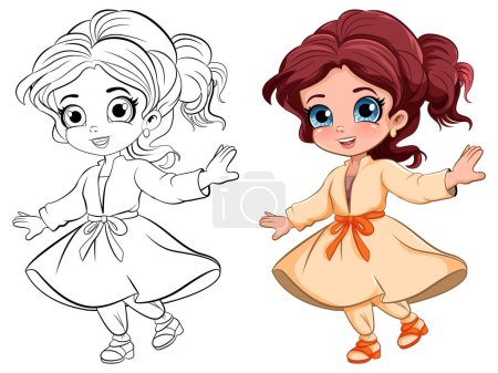 Illustration for Cute Girl in Beautiful Dress Outline for Colouring illustration - Royalty Free Image