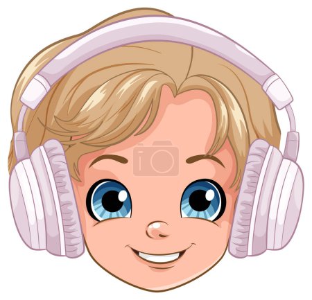 Téléchargez les illustrations : Tête de garçon avec casque écoutant l'illustration musicale - en licence libre de droit