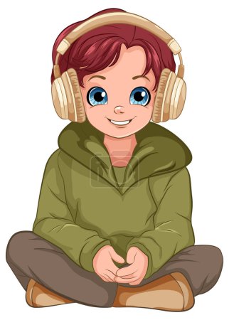 Ilustración de Niño sentado en el suelo escuchando música con ilustración de auriculares - Imagen libre de derechos