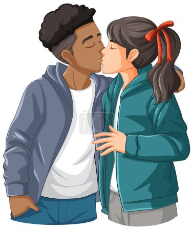 Téléchargez les illustrations : Interracial couple dessin animé baisers illustration - en licence libre de droit