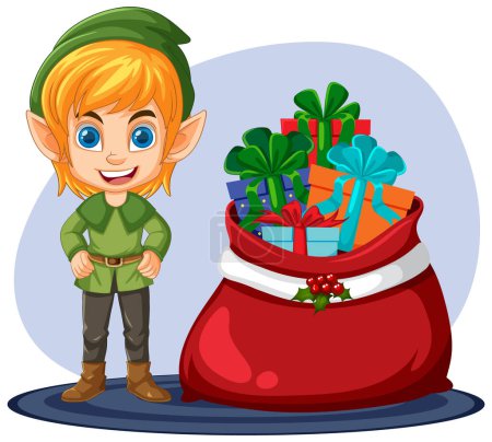 Illustration for Elf with Christmas gift illustration - Royalty Free Image