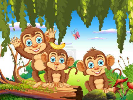 Illustration for Three Monkeys in the Forest illustration - Royalty Free Image