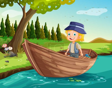 Fisherman fishing on wooden boat at the river in nature illustration