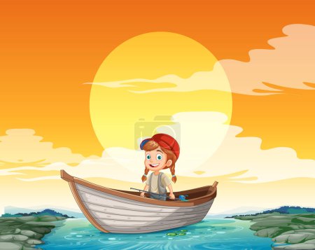 Téléchargez les illustrations : Pêcheur pêchant au coucher du soleil illustration - en licence libre de droit