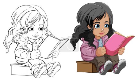 Illustration for Young girl cartoon reading a book illustration - Royalty Free Image