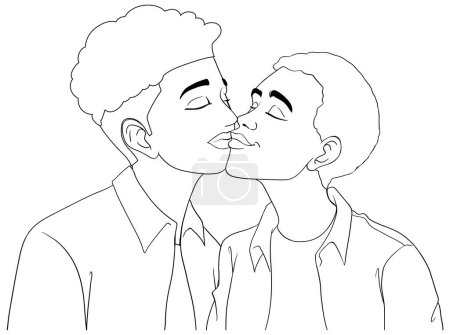 Ilustración de Gay pareja dibujos animados besos contorno doodle ilustración - Imagen libre de derechos